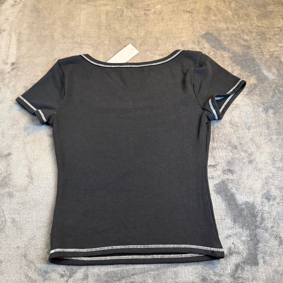 Lush Black Square Neck Short Sleeve Ribbed Stitch Fitted Top Women Small NWT - Picture 4 of 10